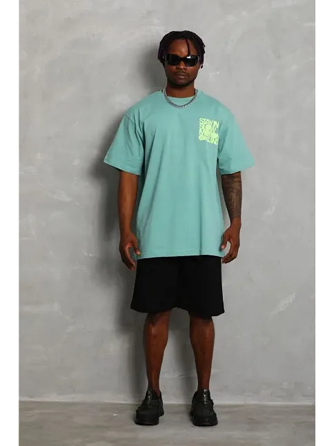Erkek Baskılı T-shirt Kısa Kol Bisiklet Yaka Regular Fit Rahat Kalıp Günlük Tişört - Mint Yeşili