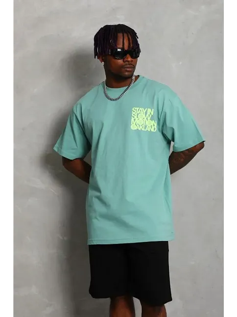 Erkek Baskılı T-shirt Kısa Kol Bisiklet Yaka Regular Fit Rahat Kalıp Günlük Tişört - Mint Yeşili