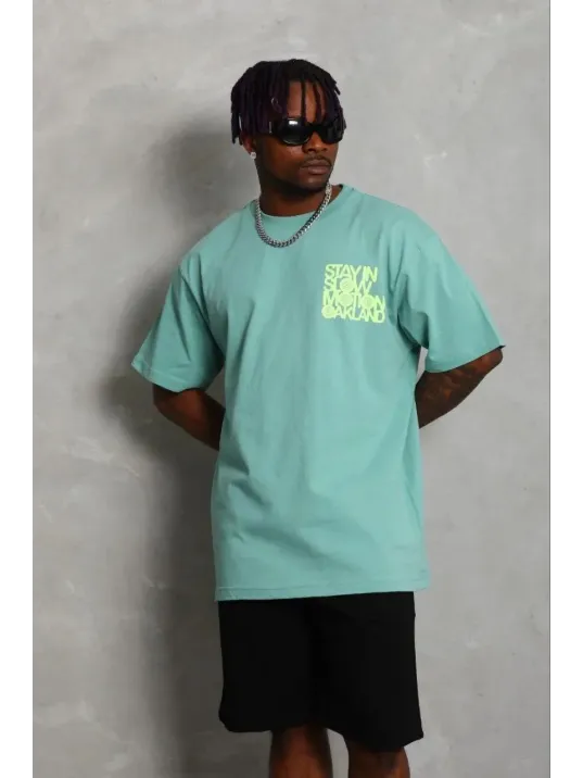 Erkek Baskılı T-shirt Kısa Kol Bisiklet Yaka Regular Fit Rahat Kalıp Günlük Tişört - Mint Yeşili