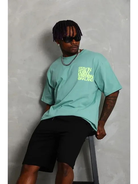 Erkek Baskılı T-shirt Kısa Kol Bisiklet Yaka Regular Fit Rahat Kalıp Günlük Tişört - Mint Yeşili