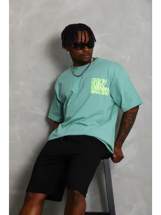 Erkek Baskılı T-shirt Kısa Kol Bisiklet Yaka Regular Fit Rahat Kalıp Günlük Tişört - Mint Yeşili