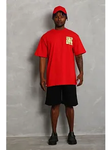 Erkek Baskılı T-shirt Kısa Kol Bisiklet Yaka Regular Fit Rahat Kalıp Günlük Tişört - Kırmızı