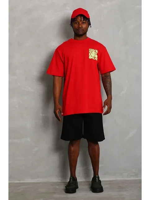 Erkek Baskılı T-shirt Kısa Kol Bisiklet Yaka Regular Fit Rahat Kalıp Günlük Tişört - Kırmızı