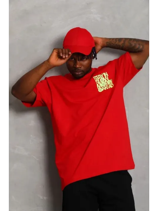 Erkek Baskılı T-shirt Kısa Kol Bisiklet Yaka Regular Fit Rahat Kalıp Günlük Tişört - Kırmızı