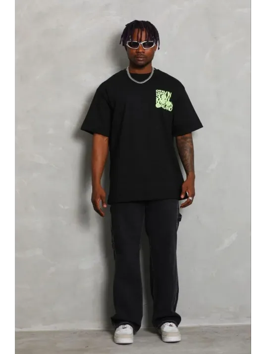 Erkek Baskılı T-shirt Kısa Kol Bisiklet Yaka Regular Fit Rahat Kalıp Günlük Tişört - Siyah