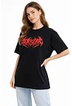 Kadın Kısa Kol Yazlık Tişört Bisiklet Yaka Baskılı Oversize T-shirt -  Siyah