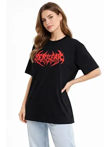 Kadın Kısa Kol Yazlık Tişört Bisiklet Yaka Baskılı Oversize T-shirt -  Siyah
