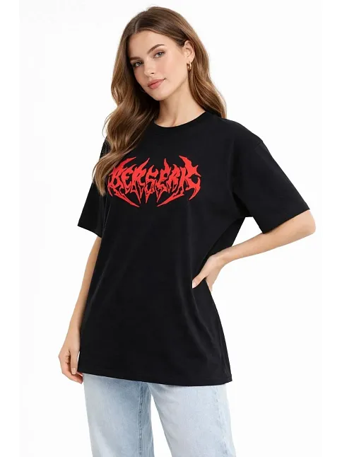 Kadın Kısa Kol Yazlık Tişört Bisiklet Yaka Baskılı Oversize T-shirt -  Siyah