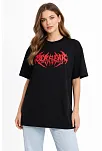 Kadın Kısa Kol Yazlık Tişört Bisiklet Yaka Baskılı Oversize T-shirt -  Siyah