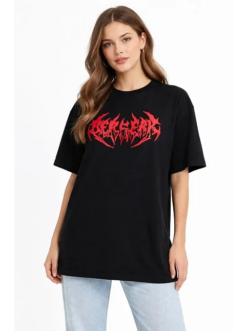 Kadın Kısa Kol Yazlık Tişört Bisiklet Yaka Baskılı Oversize T-shirt -  Siyah