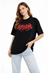 Kadın Kısa Kol Yazlık Tişört Bisiklet Yaka Baskılı Oversize T-shirt -  Siyah