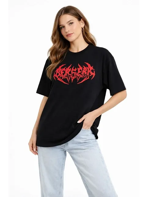 Kadın Kısa Kol Yazlık Tişört Bisiklet Yaka Baskılı Oversize T-shirt -  Siyah