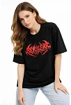 Kadın Kısa Kol Yazlık Tişört Bisiklet Yaka Baskılı Oversize T-shirt -  Siyah