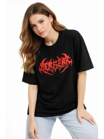 Kadın Kısa Kol Yazlık Tişört Bisiklet Yaka Baskılı Oversize T-shirt -  Siyah