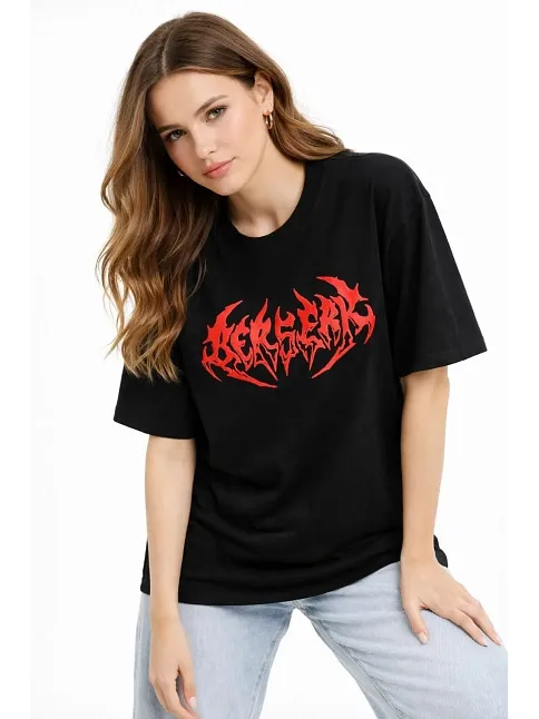 Kadın Kısa Kol Yazlık Tişört Bisiklet Yaka Baskılı Oversize T-shirt -  Siyah