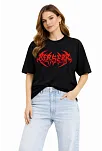 Kadın Kısa Kol Yazlık Tişört Bisiklet Yaka Baskılı Oversize T-shirt -  Siyah