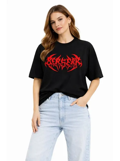 Kadın Kısa Kol Yazlık Tişört Bisiklet Yaka Baskılı Oversize T-shirt -  Siyah