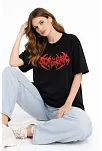 Kadın Kısa Kol Yazlık Tişört Bisiklet Yaka Baskılı Oversize T-shirt -  Siyah