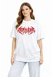 Kadın Kısa Kol Yazlık Tişört Bisiklet Yaka Baskılı Oversize T-shirt - Beyaz
