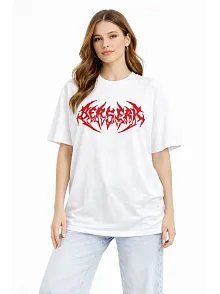 Kadın Kısa Kol Yazlık Tişört Bisiklet Yaka Baskılı Oversize T-shirt - Beyaz