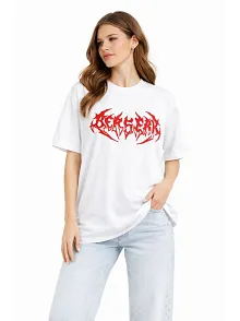 Kadın Kısa Kol Yazlık Tişört Bisiklet Yaka Baskılı Oversize T-shirt - Beyaz