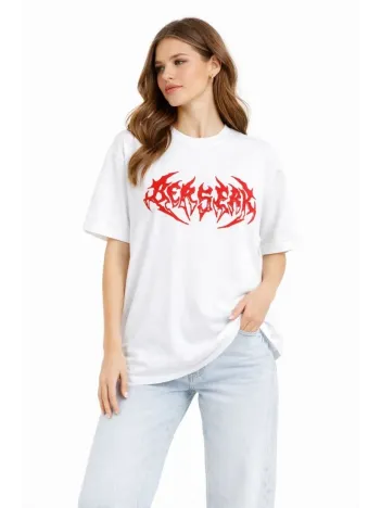 Kadın Kısa Kol Yazlık Tişört Bisiklet Yaka Baskılı Oversize T-shirt - Beyaz