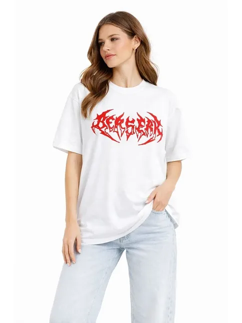 Kadın Kısa Kol Yazlık Tişört Bisiklet Yaka Baskılı Oversize T-shirt - Beyaz