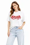 Kadın Kısa Kol Yazlık Tişört Bisiklet Yaka Baskılı Oversize T-shirt - Beyaz