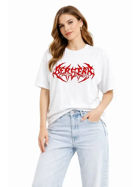 Kadın Kısa Kol Yazlık Tişört Bisiklet Yaka Baskılı Oversize T-shirt - Beyaz