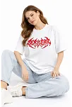 Kadın Kısa Kol Yazlık Tişört Bisiklet Yaka Baskılı Oversize T-shirt - Beyaz
