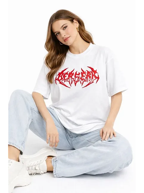 Kadın Kısa Kol Yazlık Tişört Bisiklet Yaka Baskılı Oversize T-shirt - Beyaz