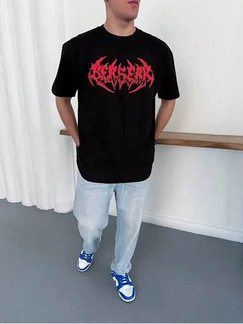 Erkek Kısa Kol Yazlık Tişört Bisiklet Yaka Baskılı Oversize T-shirt - Siyah