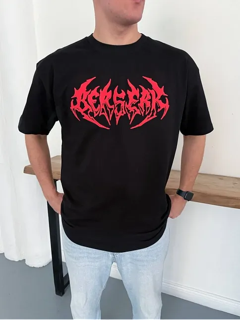 Erkek Kısa Kol Yazlık Tişört Bisiklet Yaka Baskılı Oversize T-shirt - Siyah