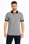 Erkek Polo Yaka Çizgili Tişört Kısa Kol Düğmeli Yazlık T-shirt - Gri
