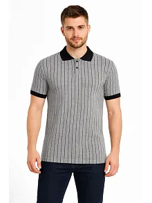 Erkek Polo Yaka Çizgili Tişört Kısa Kol Düğmeli Yazlık T-shirt - Gri