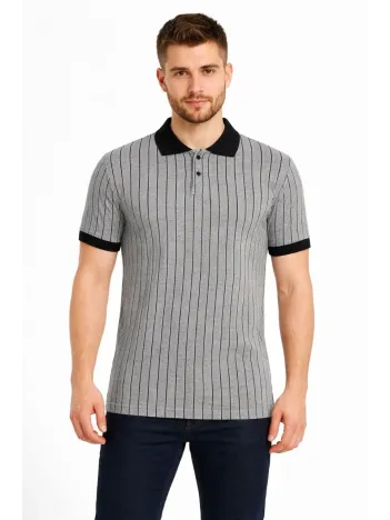 Erkek Polo Yaka Çizgili Tişört Kısa Kol Düğmeli Yazlık T-shirt - Gri Erkek Polo Yaka Çizgili Tişört Kısa Kol Düğmeli Yazlık T-shirt - Gri
