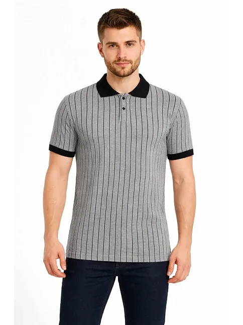 Erkek Polo Yaka Çizgili Tişört Kısa Kol Düğmeli Yazlık T-shirt - Gri