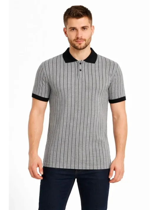 Erkek Polo Yaka Çizgili Tişört Kısa Kol Düğmeli Yazlık T-shirt - Gri