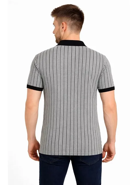 Erkek Polo Yaka Çizgili Tişört Kısa Kol Düğmeli Yazlık T-shirt - Gri