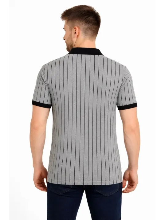 Erkek Polo Yaka Çizgili Tişört Kısa Kol Düğmeli Yazlık T-shirt - Gri