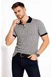 Erkek Polo Yaka Çizgili Tişört Kısa Kol Düğmeli Yazlık T-shirt - Gri