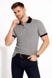 Erkek Polo Yaka Çizgili Tişört Kısa Kol Düğmeli Yazlık T-shirt - Gri