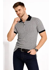 Erkek Polo Yaka Çizgili Tişört Kısa Kol Düğmeli Yazlık T-shirt - Gri