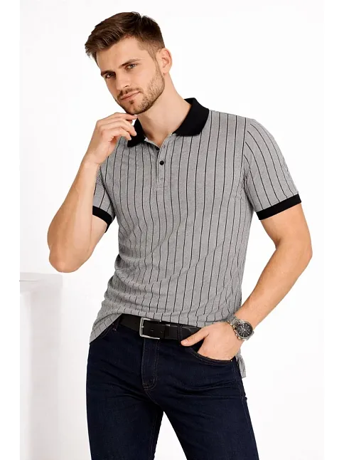 Erkek Polo Yaka Çizgili Tişört Kısa Kol Düğmeli Yazlık T-shirt - Gri