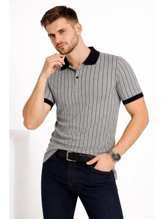 Erkek Polo Yaka Çizgili Tişört Kısa Kol Düğmeli Yazlık T-shirt - Gri
