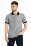 Erkek Polo Yaka Çizgili Tişört Kısa Kol Düğmeli Yazlık T-shirt - Gri