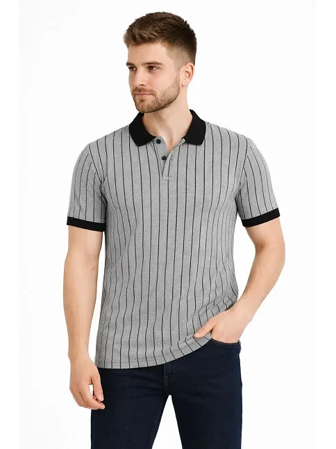 Erkek Polo Yaka Çizgili Tişört Kısa Kol Düğmeli Yazlık T-shirt - Gri