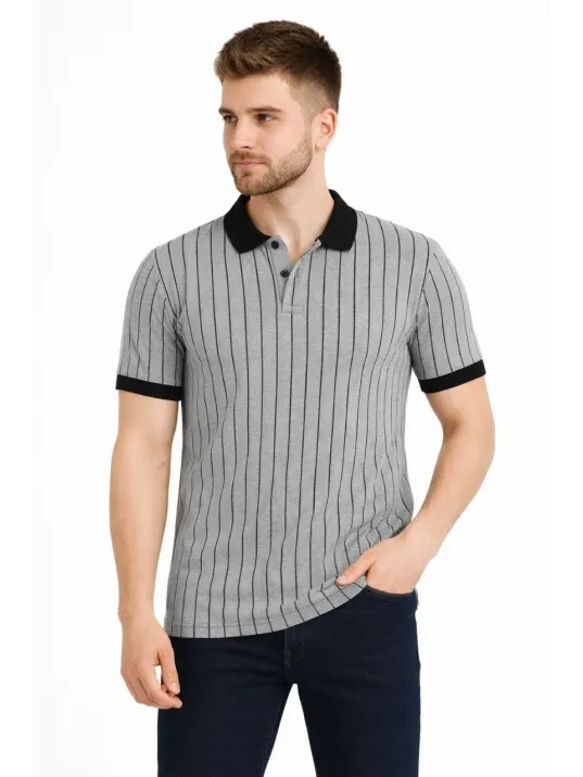 Erkek Polo Yaka Çizgili Tişört Kısa Kol Düğmeli Yazlık T-shirt - Gri