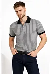 Erkek Polo Yaka Çizgili Tişört Kısa Kol Düğmeli Yazlık T-shirt - Gri