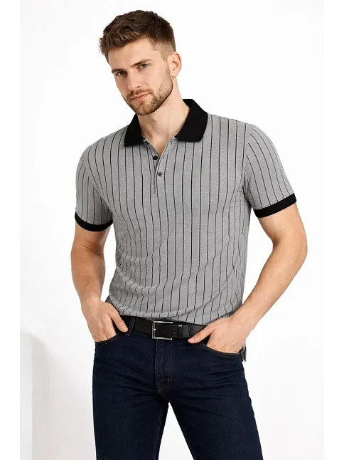 Erkek Polo Yaka Çizgili Tişört Kısa Kol Düğmeli Yazlık T-shirt - Gri